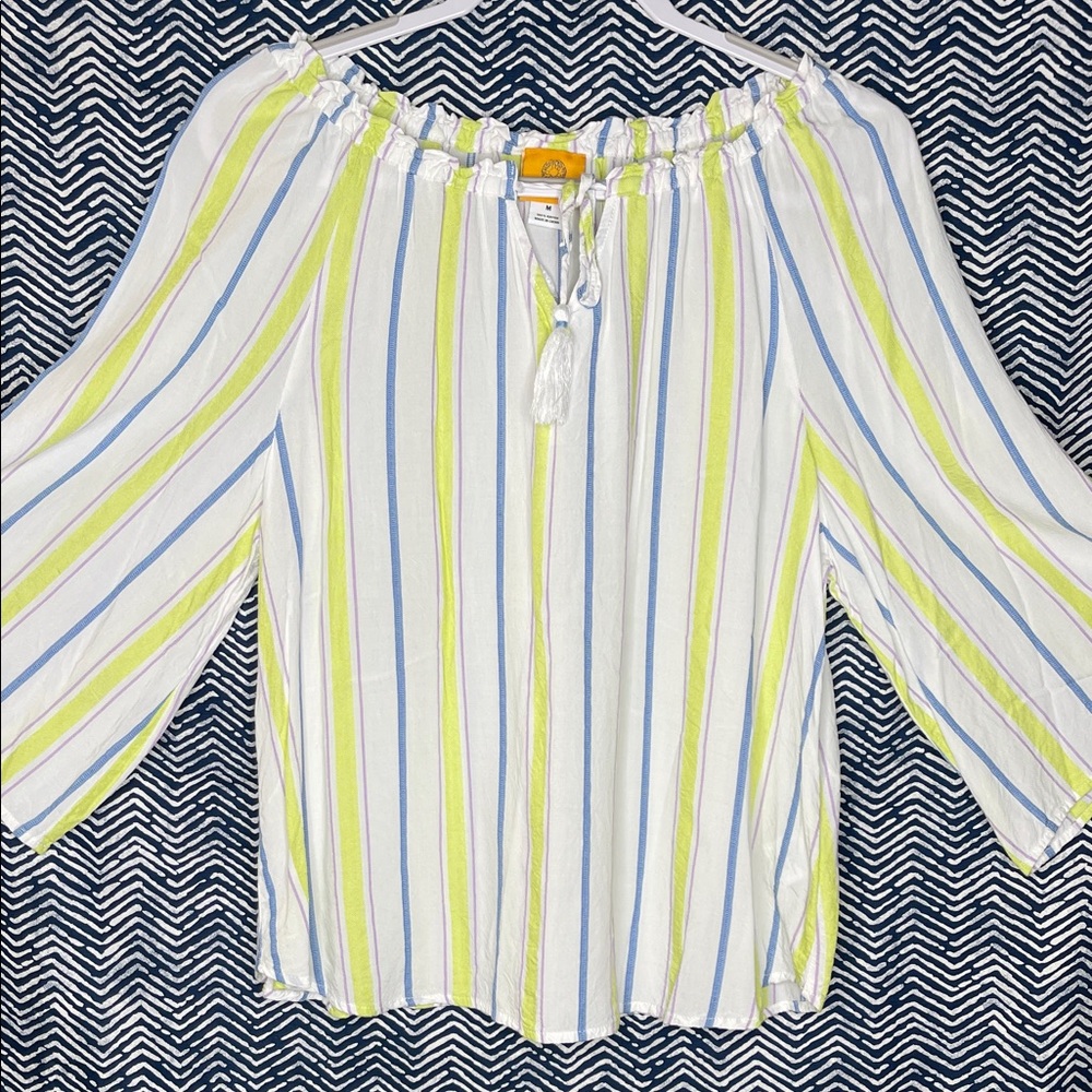 Ruby Rd. Off-Shoulder Blouse - Blue and Yellow Stripes
